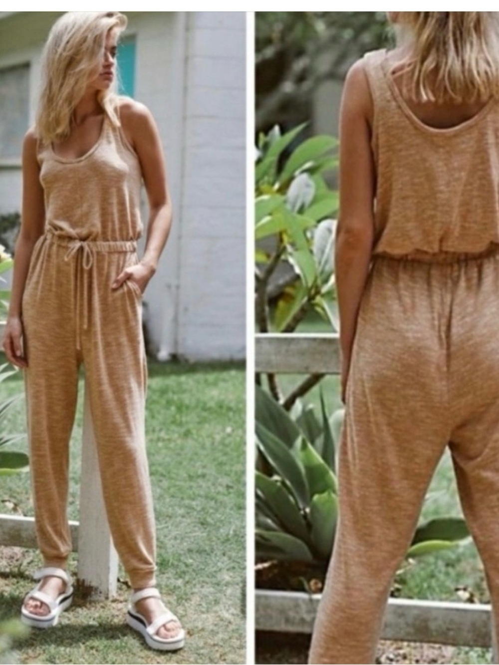 Free People Beach BiCoastal Sleeveless Drawstring Jumpsuit Tan Travel Fall | XS